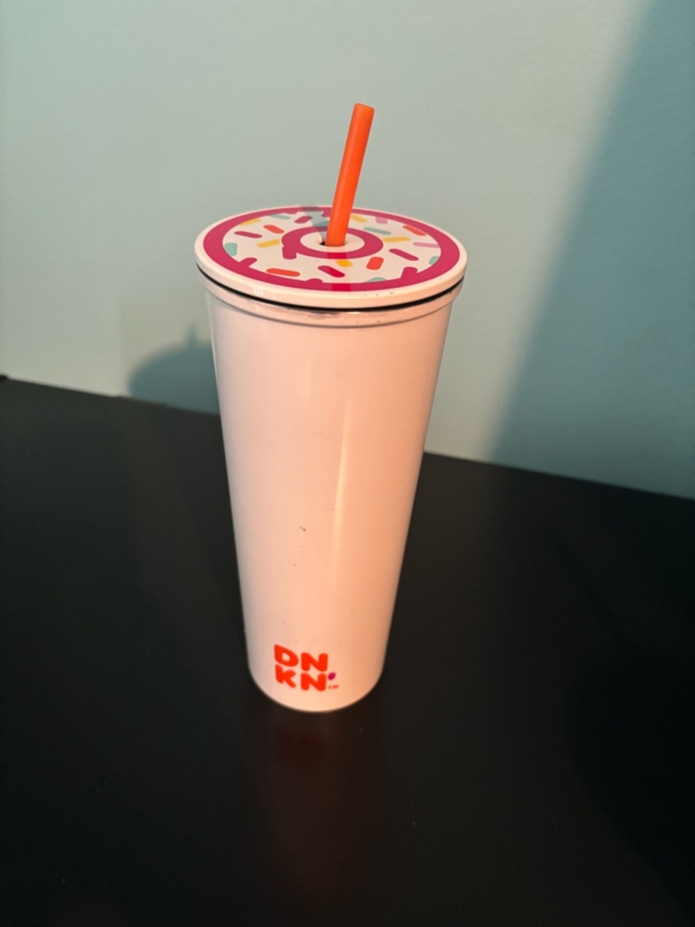 DNKN Pink Donut Lid Tumbler with Orange Straw